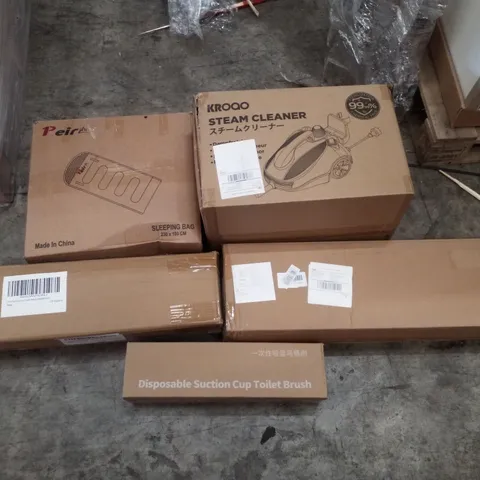 PALLET CONTAINING ASSORTED PRODUCTS INCLUDING SLEEPING BAG, STEAM CLEANER, FOLDING CAMPING TABLE, CLOTHES AIRER & DISPOSABLE SUCTION CUP TOILET BRUSH