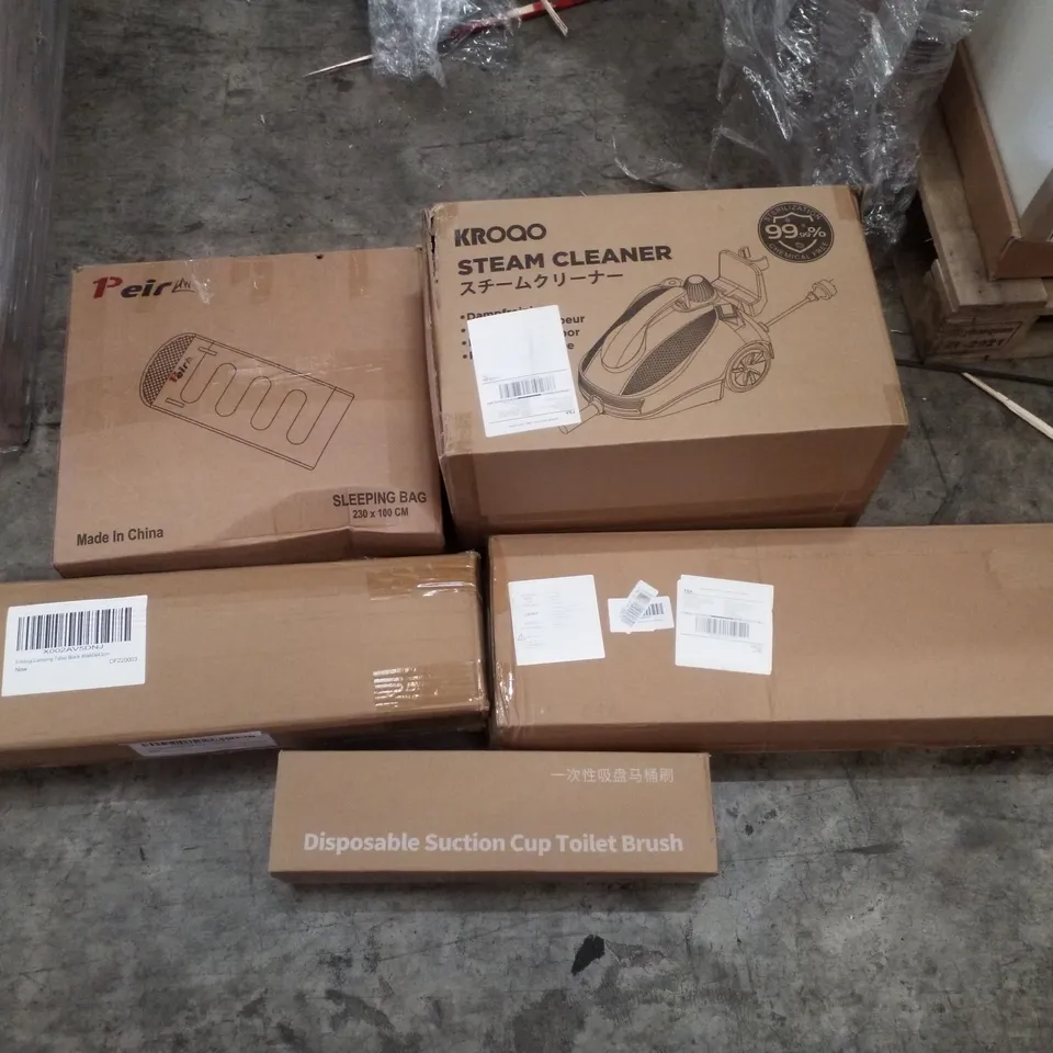 PALLET CONTAINING ASSORTED PRODUCTS INCLUDING SLEEPING BAG, STEAM CLEANER, FOLDING CAMPING TABLE, CLOTHES AIRER & DISPOSABLE SUCTION CUP TOILET BRUSH