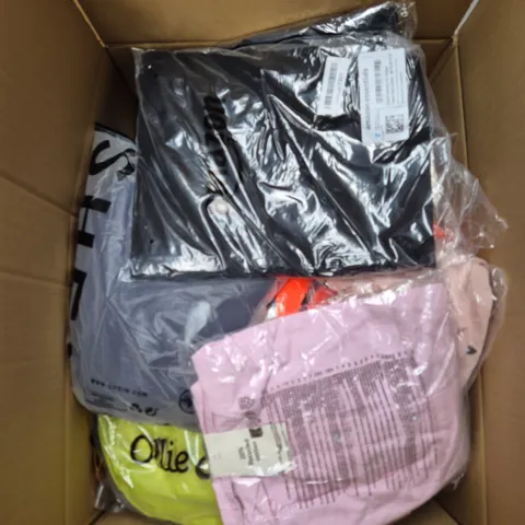 LARGE BOX OF ASSORTED CLOTHING ITEMS IN VARIOUS SIZES, STYLES AND COLOUR 