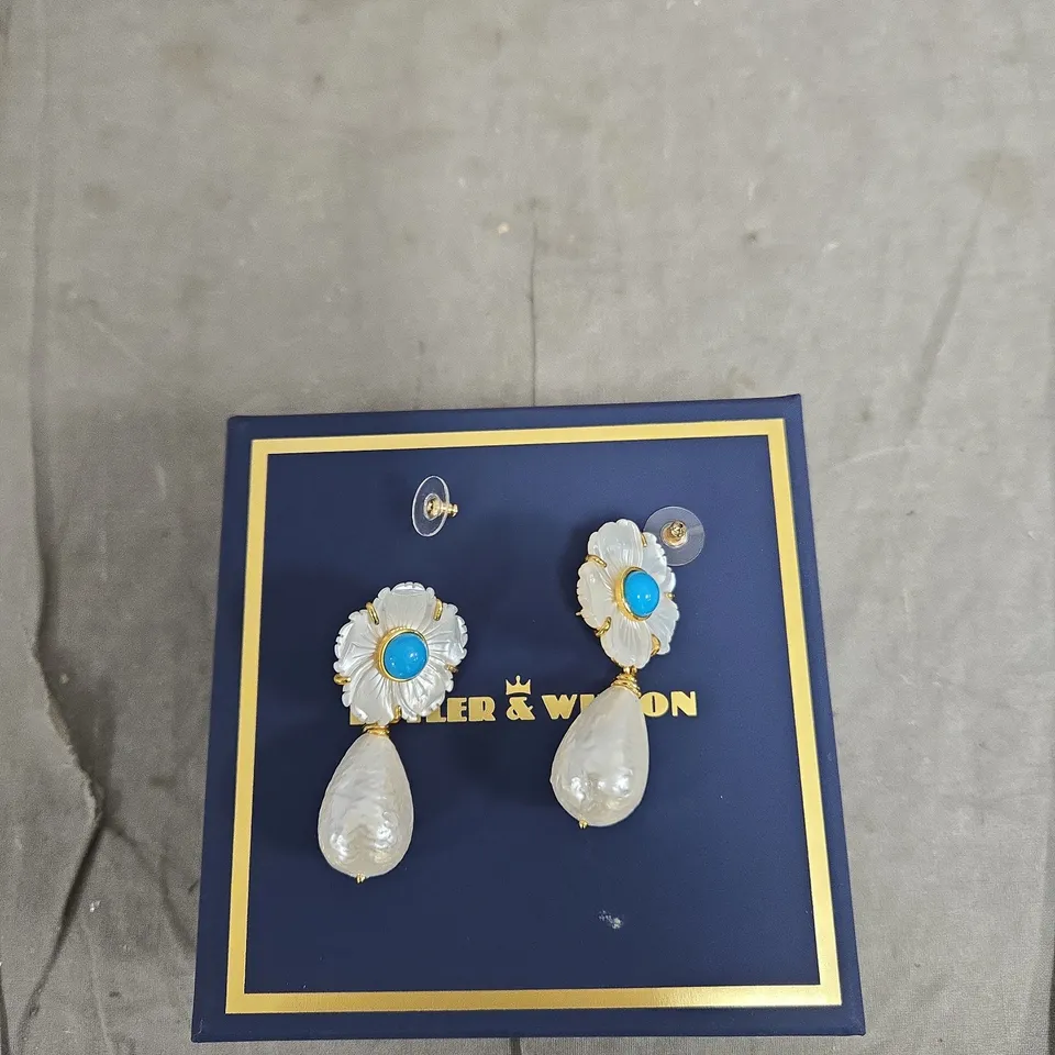 BUTLER & WILSON FLORAL DROP EARRINGS WITH TURQUOISE CENTRES - BLUE BOX
