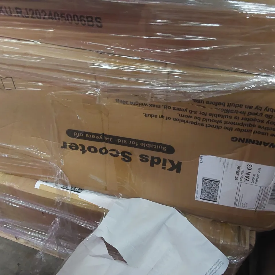 PALLET OF ASSORTED ITEMS INCLUDING: KIDS SCOOTER, MEACO BIN, CORDLESS VACUUM CLEANER ECT