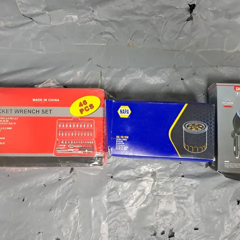APPROXIMATELY 5 ASSORTED CAR PARTS AND ACCESSORY ITEMS TO INCLUDE USB CHARGER, NAPA OIL FILTER, 46-PIECE SOCKET WRENCH SET, ETC