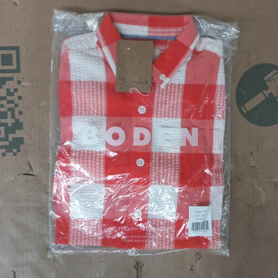 BAGGED BODEN KID'S COTTON GINGHAM SHIRT IN ORANGE SEERSUCKER SIZE 3-4 YEARS