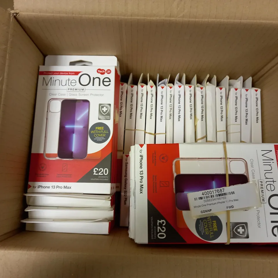 BOX OF APPROX 30 TECH 21 MINUTE ONE PREMIUM PHONE CASE AND SCREEN PROTECTOR FOR ASSORTED PHONES