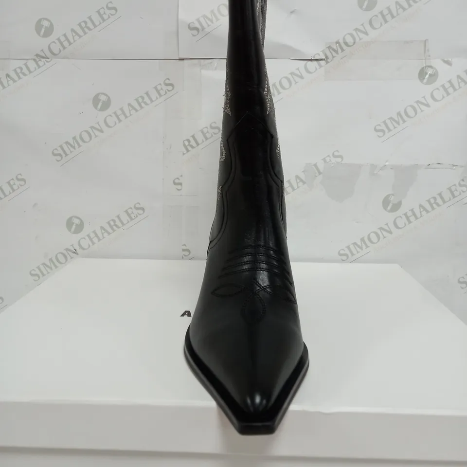 BOXED PAIR OF ALIAS MAE MARLEY COWBOY BOOTS IN BLACK - UK 6 