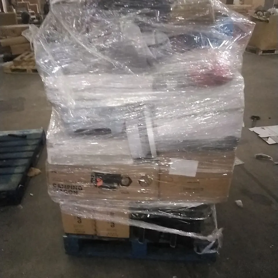 PALLET CONTAINING A LARGE QUANTITY OF ASSORTED HOUSEHOLD GOODS WHICH INCLUDE; CAMPING WAGON, PARASOL BASE, FANS, AIRFRYERS, SUITCASE ETC