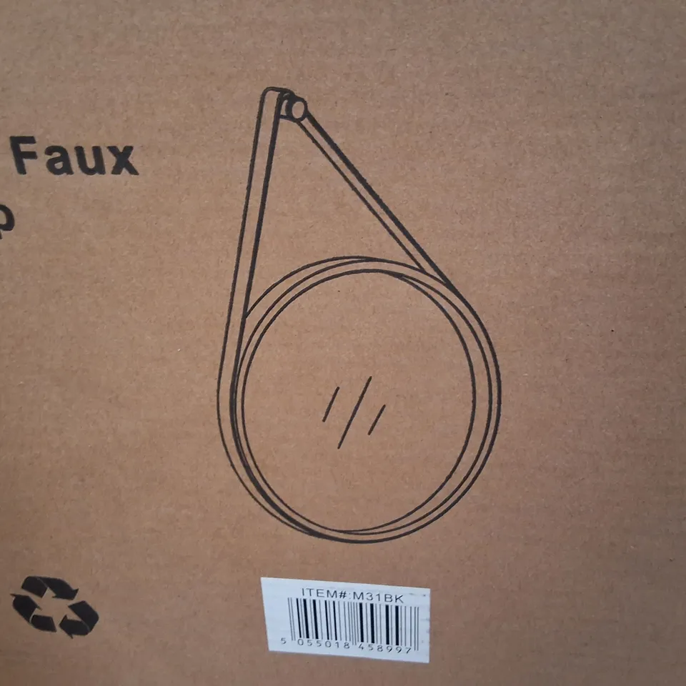 BOXED ROUND WALL MIRROR WITH FAUX LEATHER HANGING STRAP