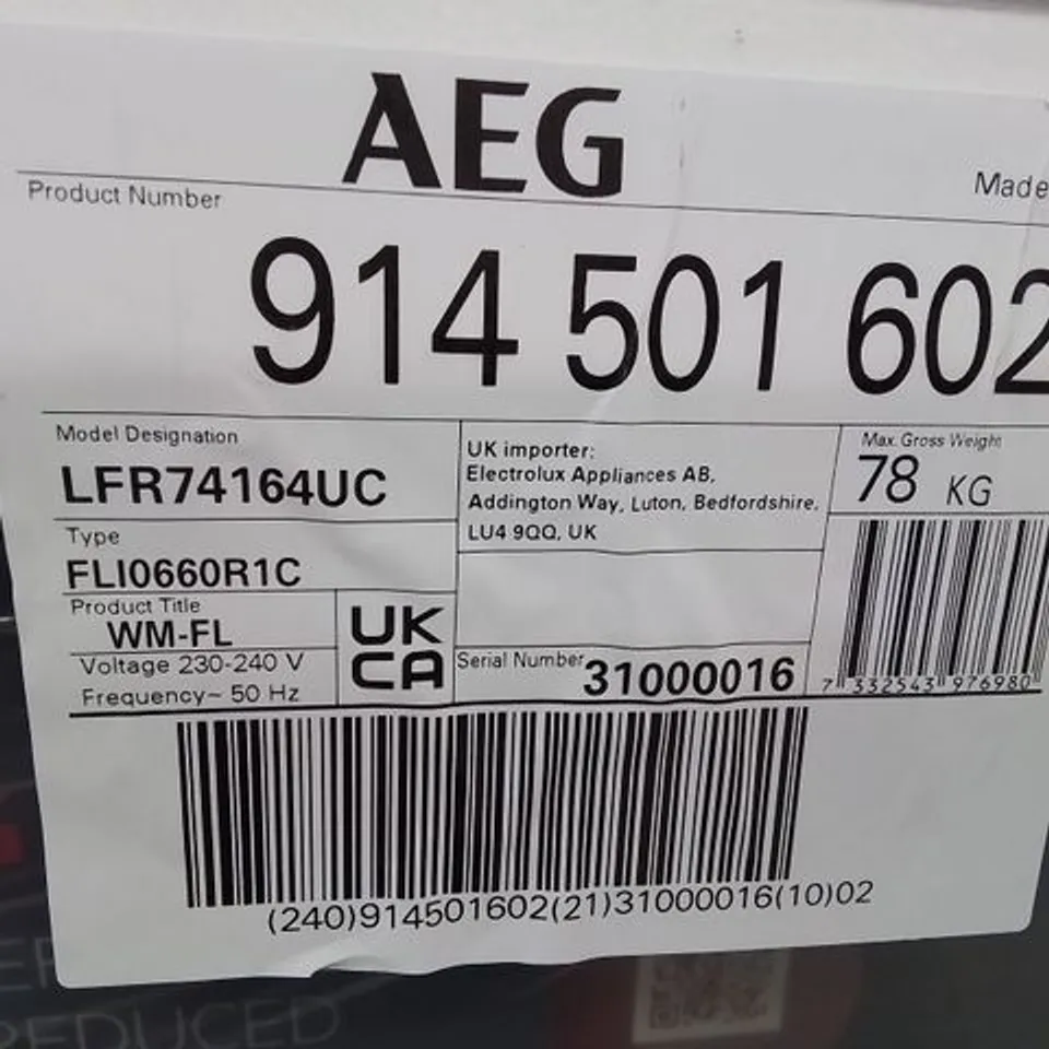 AEG 7000 PROSTEAM® UNIVERSALDOSE 9KG WASHING MACHINE Model LFR74164UC RRP £875
