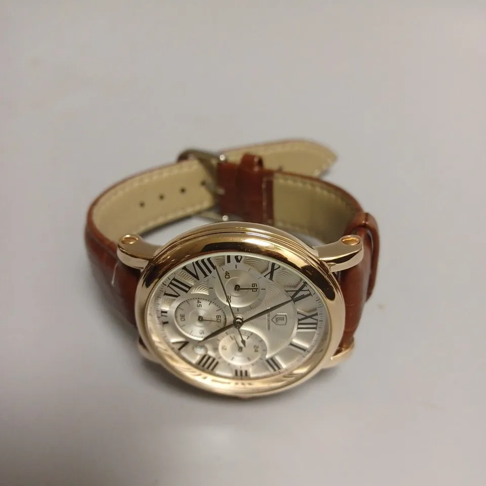 MENS LOUIS LACOMBE CHRONOGRAPH WATCH – MULTI FUNCTION DIAL WITH DATE – ROMAN NUMERAL DIAL – LEATHER STRAP
