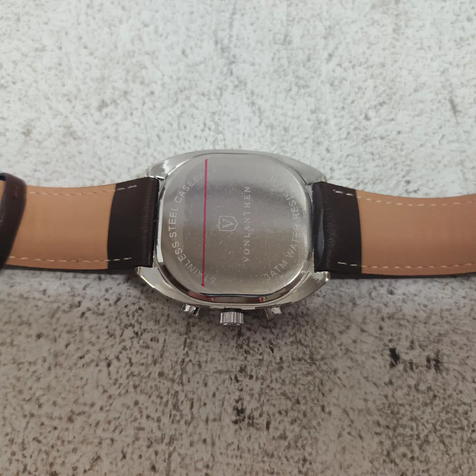 VONLANTHEN STAINLESS STEEL CASE WRISTWATCH – GREEN DIAL, BROWN LEATHER STRAP