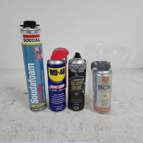 TOTE OF APPROXIMATELY 12 ASSORTED AEROSOL PRODUCTS TO INCLUDE WD 40, SILICON SHINE, BULLDOG BDX, SOUDAFOAM ETC