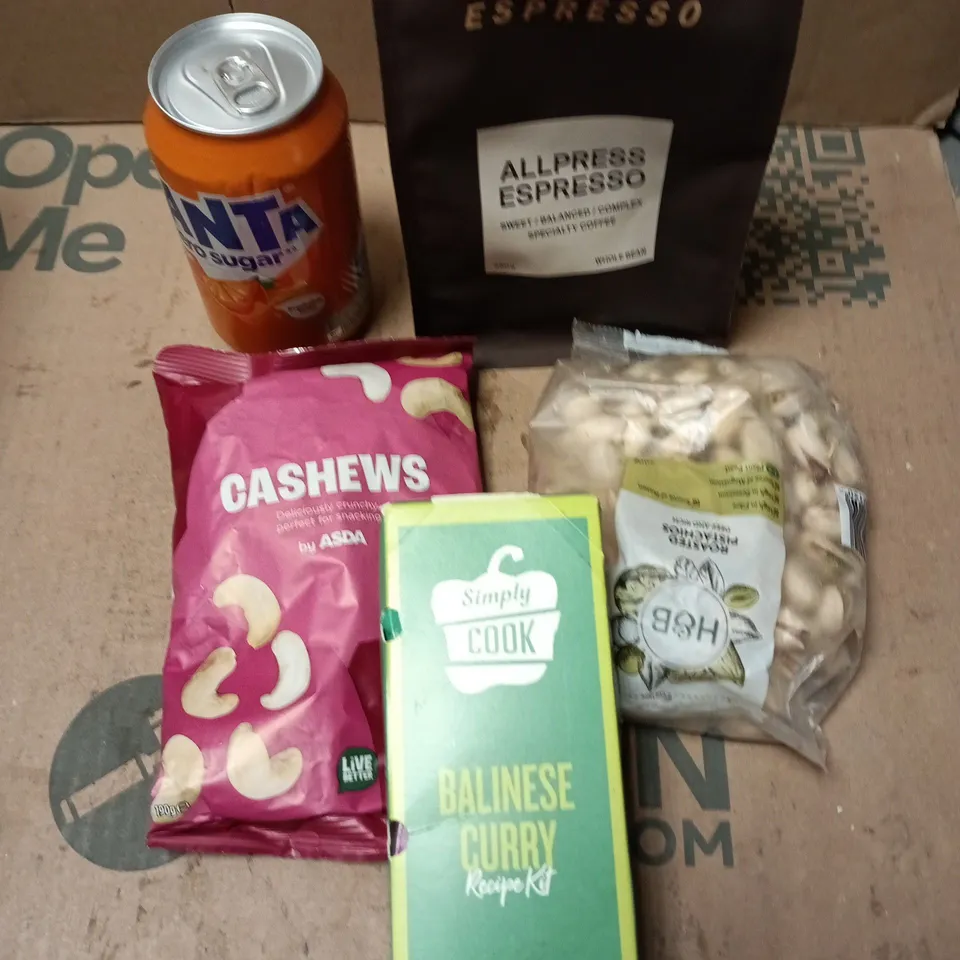 APPROXIMATELY 10 ASSORTED FOOD/DRINK PRODUCTS TO INCLUDE SIMPLY COOK, CASHEWS, ESPRESSO COFFEE ETC