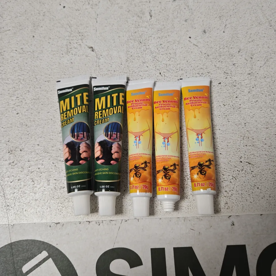 ASSORTED SKINCARE CREAMS – 5 TUBES (2 X MITE REMOVAL CREAM; 3 X BEE VENOM PRIVATE ANTIBACTERIAL CREAM)