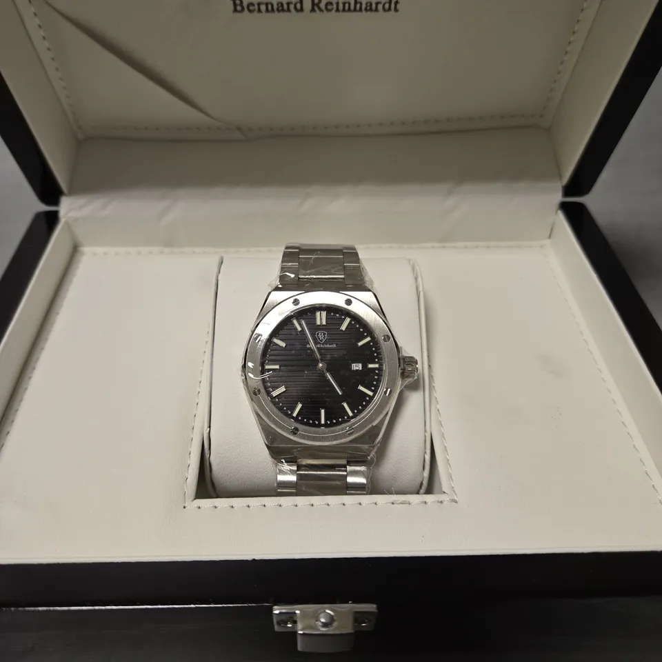 BOXED BERNARD REINHARDT MEN'S BLACK DIAL 316 STAINLESS STEEL WATCH