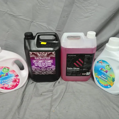 LOT OF 4 HOUSEHOLD LIQUIDS TO INCLUDE YASS CONCENTRATED FABRIC SOFTENER - DIRTBUSTERS PET CARPET CLEANER AND EZCARCARE INSTA GLOSS WAX -  2 X 2L AND 2 X 5L 