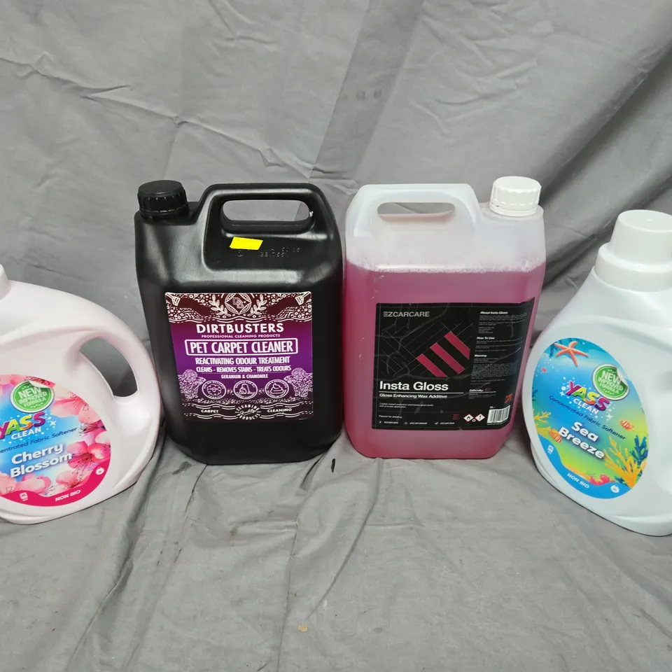 LOT OF 4 HOUSEHOLD LIQUIDS TO INCLUDE YASS CONCENTRATED FABRIC SOFTENER - DIRTBUSTERS PET CARPET CLEANER AND EZCARCARE INSTA GLOSS WAX -  2 X 2L AND 2 X 5L 