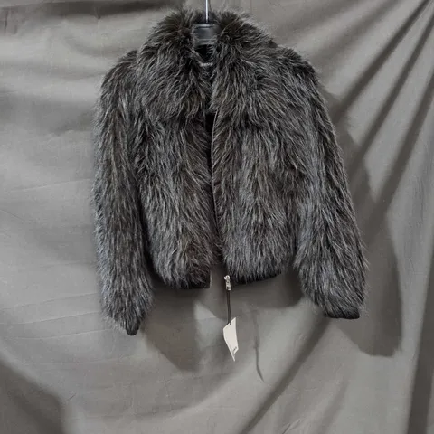 BERSHKA FAUX FUR ZIP JACKET – BLACK (SIZE S)
