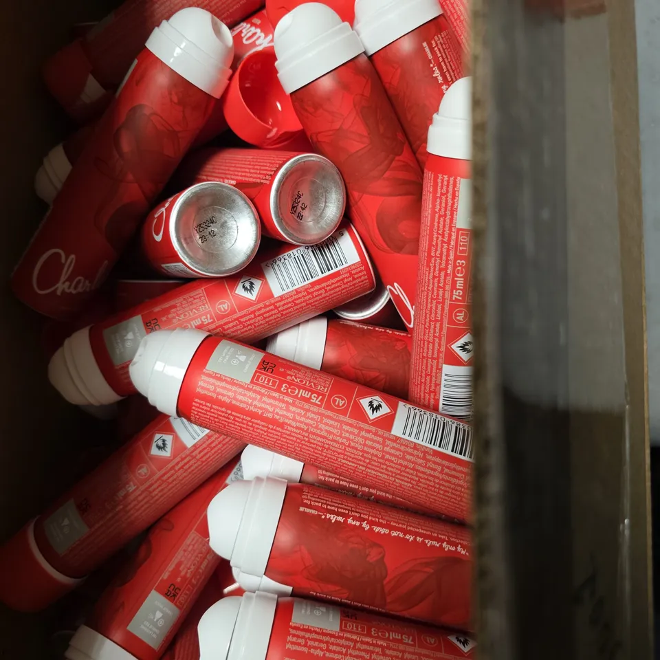 BOX OF APPROXIMATELY 40 CHARLIE RED BODY FRAGRANCE SCENT OF ROSE PETAL + SPICES 