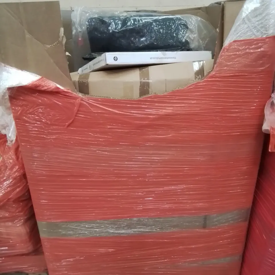 PALLET CONTAINING VARIOUS ASSORTED BOXED HOUSEHOLD ITEMS TO INCLUDE: TRAMPOLINE TURTLE,  LED CEILING LAMP, CHRISTMAS TREE AND LOTS MORE UNMARKED BOXED ITEMS 