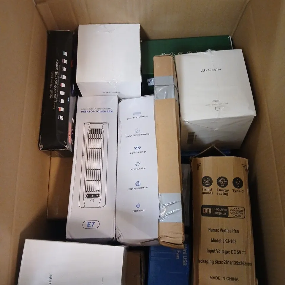 BOX OF APPROXIMATELY 10 ASSORTED ITEMS INCLUDING A DESKTOP TOWER FAN, AN AIR COOLER AND A VERTICAL FAN