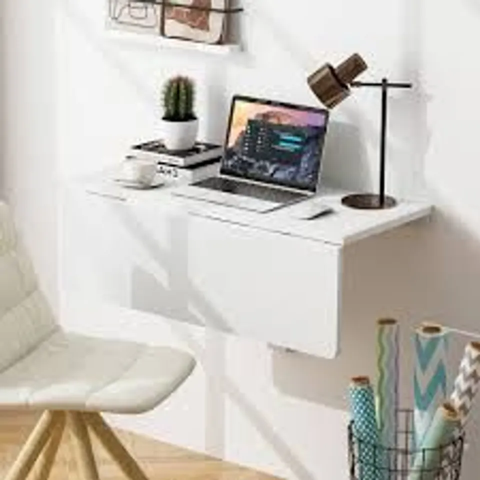 BOXED COSTWAY 80 X 60cm WALL MOUNTED FOLDING TABLE DROP-LEAF FLOATING WRITING DESK - WHITE