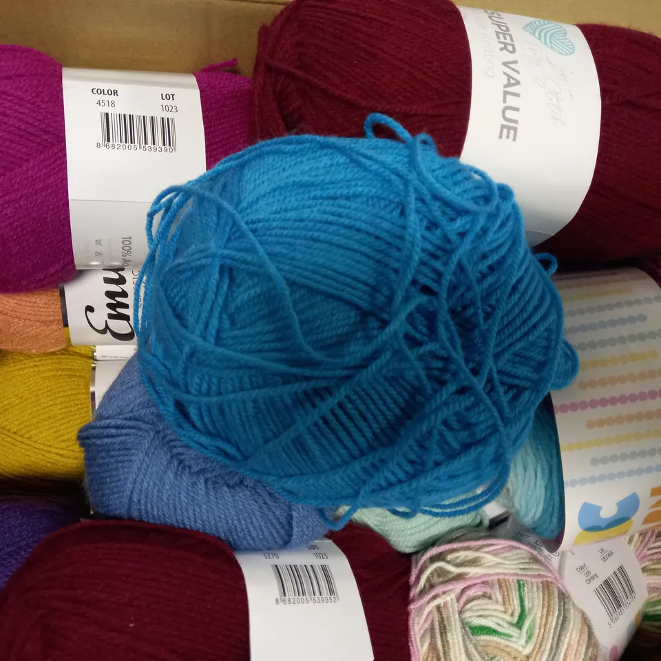 BOX OF APPROXIMATELY 20 ASSORTED KNITTING YARNS IN VARIOUS COLOURS