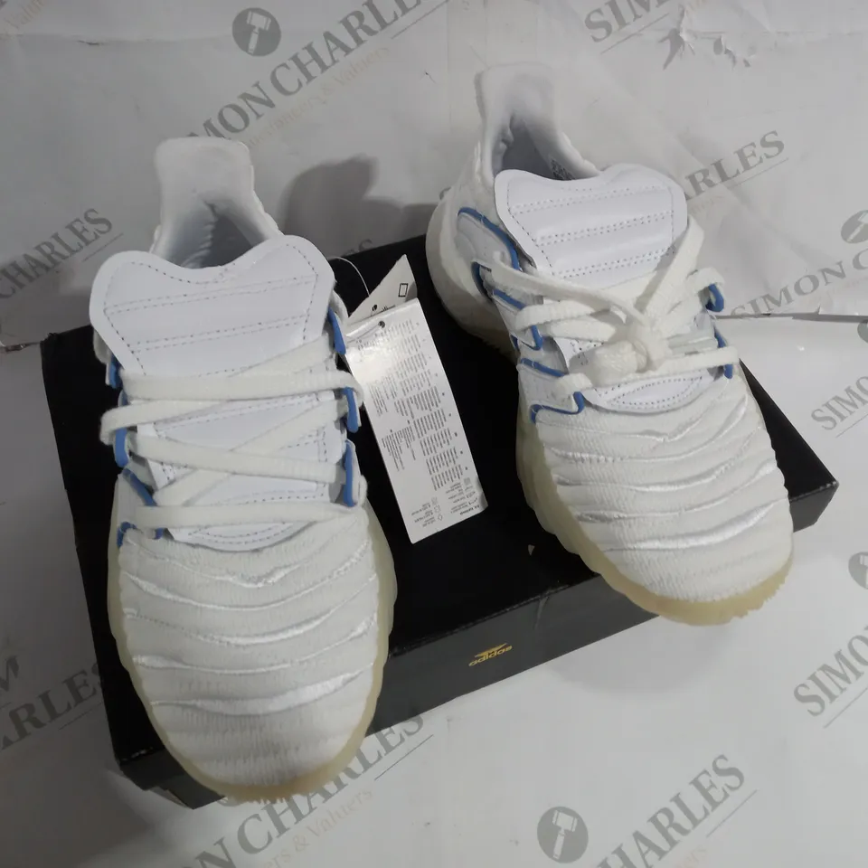 BOXED PAIR OF ADIDAS SOBAKOV BOOST WHITE TRAINERS SIZE 5.5