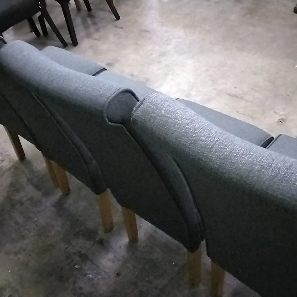 SET OF 4 GREY FABRIC DINING CHAIRS WITH WOODEN LEGS