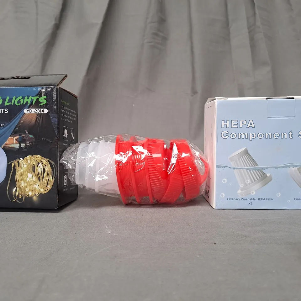 APPROXIMATELY 15 ASSORTED HOUSEHOLD ITEMS TO INCLUDE STRING LIGHTS, HEPA COMPONENT SET, ETC