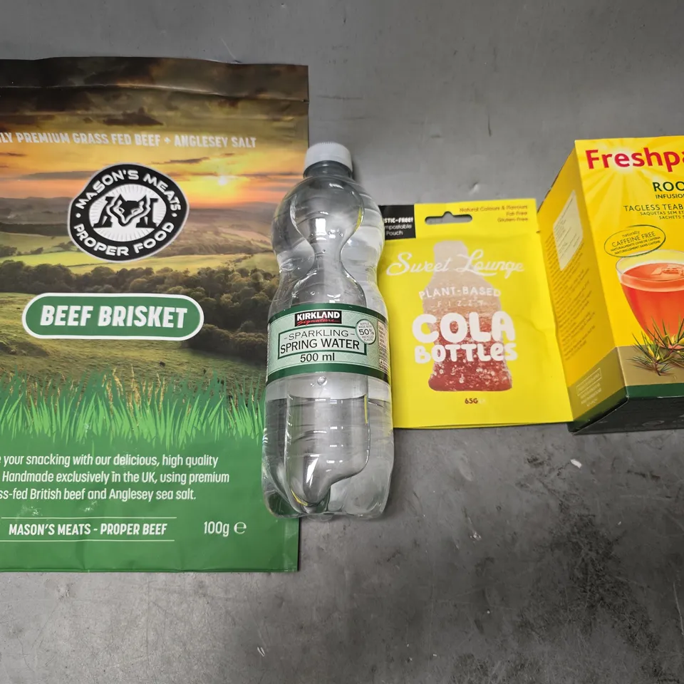 APPROXIMATELY 12 ASSORTED FOOD & DRINK ITEMS TO INCLUDE - SPRING WATER , COLA BOTTLE , FRESHPAK ROOIBOS TAGLESS TEABAGS ETC