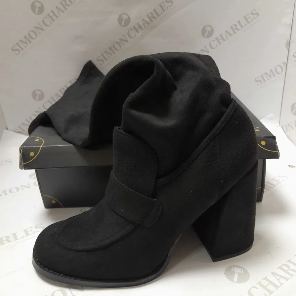 KOI BLACK SUEDE LONG HEELED BOOTS - SIZE 9