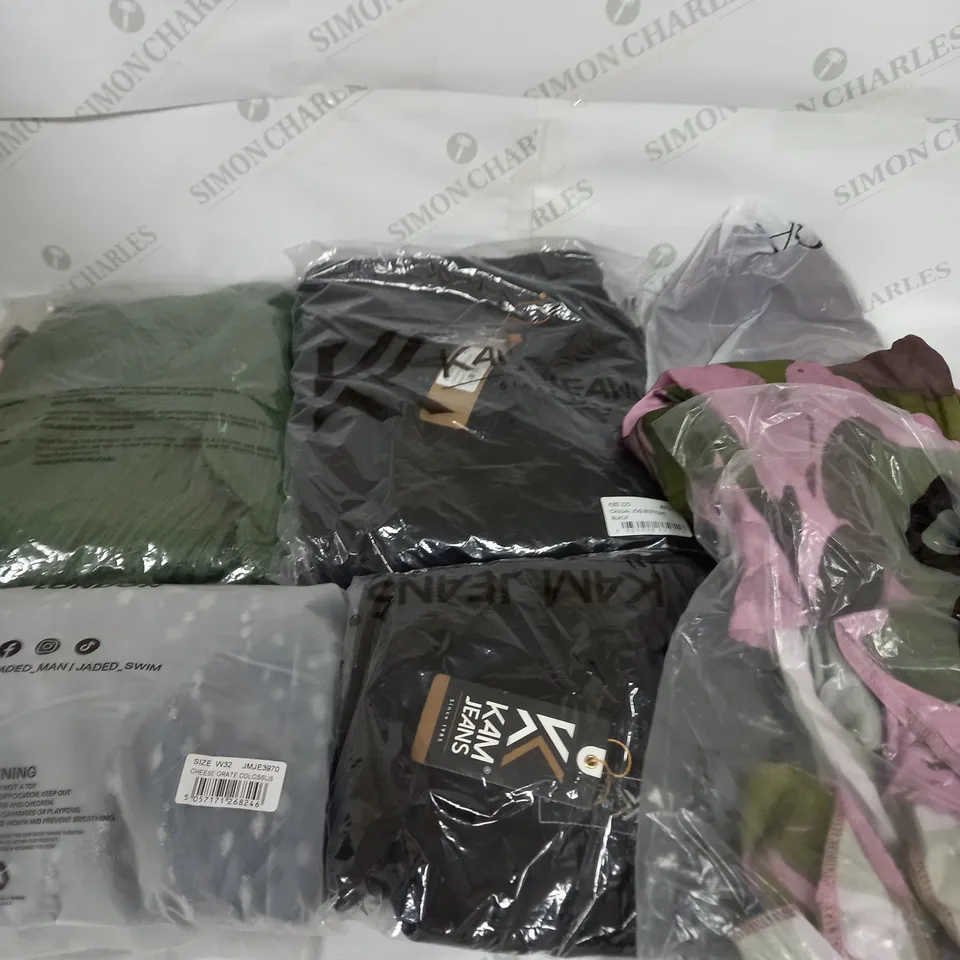 LARGE BOX OF ASSORTED CLOTHING ITEMS IN VARIOUS COLOURS AND SIZES INCLUDING TROUSERS , TOPS AND JUMPERS 