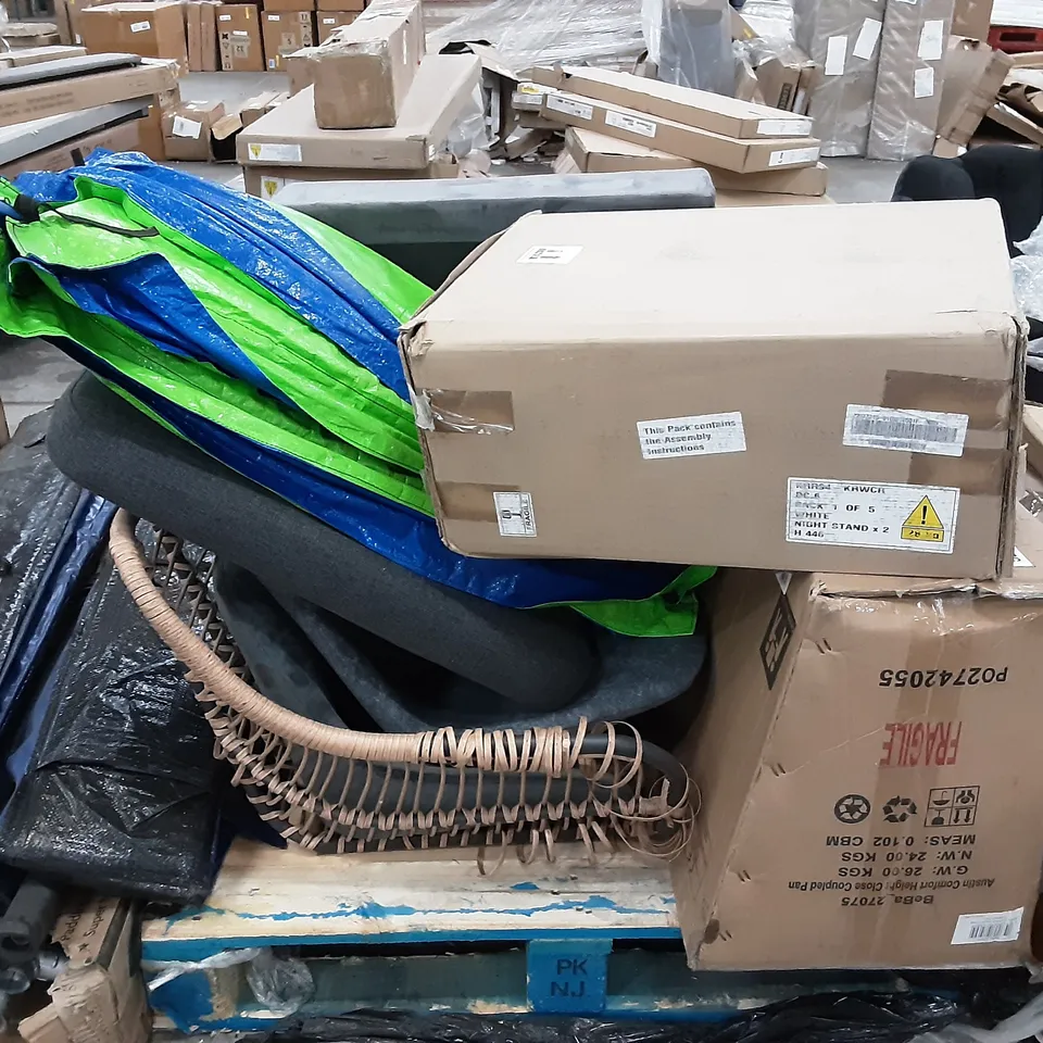 PALLET  CONTAINING CHAIR , LEG REST , COUPLED PAN AND BOXED FURNITURE PARTS 