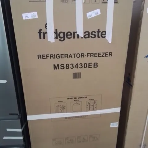 BOXED FRIDGEMASTER MS83430EB FREESTANDING SLIM AMERICAN SIDE BY SIDE DOOR FRIDGE FREEZER 441L, TOTAL NO FROST, INVERTER COMPRESSOR, BLACK,