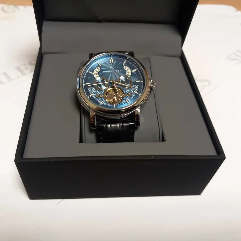 MENS VONLANTHEN AUTOMATIC WATCH – DATE YEAR SUB DIAL COMPLICATIONS – OPEN HEART MOVEMENT – GLASS EXHIBITION BACKCASE – BLACK LEATHER STRAP 