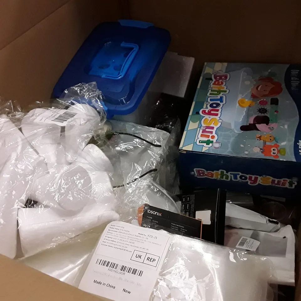 PALLET OF 6 BOXES CONTAINING ASSORTED PRODUCTS INCLUDING LAMINATING POUCHES, RESISTANCE BANDS, CLEAR BAUBLES, STORAGE CASE, SELF TESTING KIT, 10LT PETROL CAN
