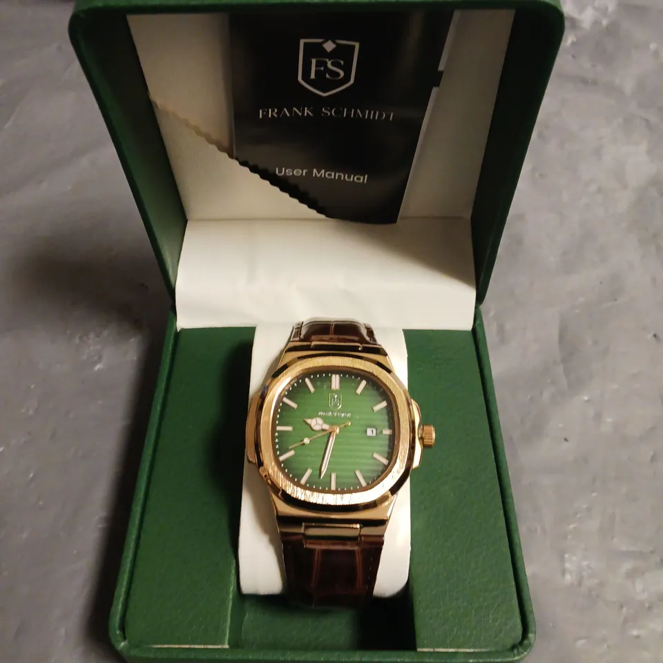 FRANK SCHMIDT GREEN DIAL GENTS WATCH WITH STAINLESS STEEL BACK CASE AND BROWN LEATHER STRAP IN BOX