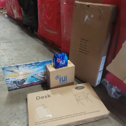 PALLET OF ASSORTED HOUSEHOLD GOODS AND PRODUCTS TO INCLUDE; A LARGE QUANTITY OF FIJI BOTTLED WATER, DESK, BOXED FURNITURE ETC