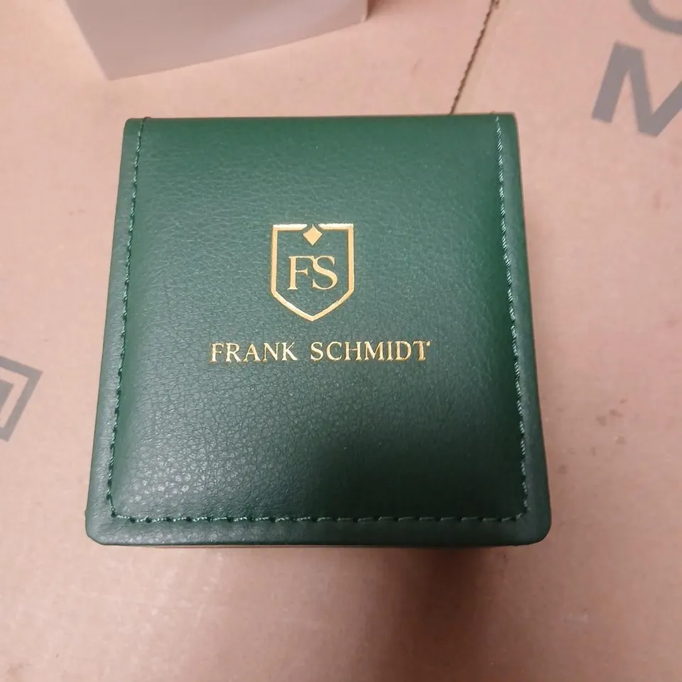 FRANK SCHMIDT FS WRISTWATCH – GOLD-TONE CASE, BLACK DIAL, BROWN LEATHER STRAP