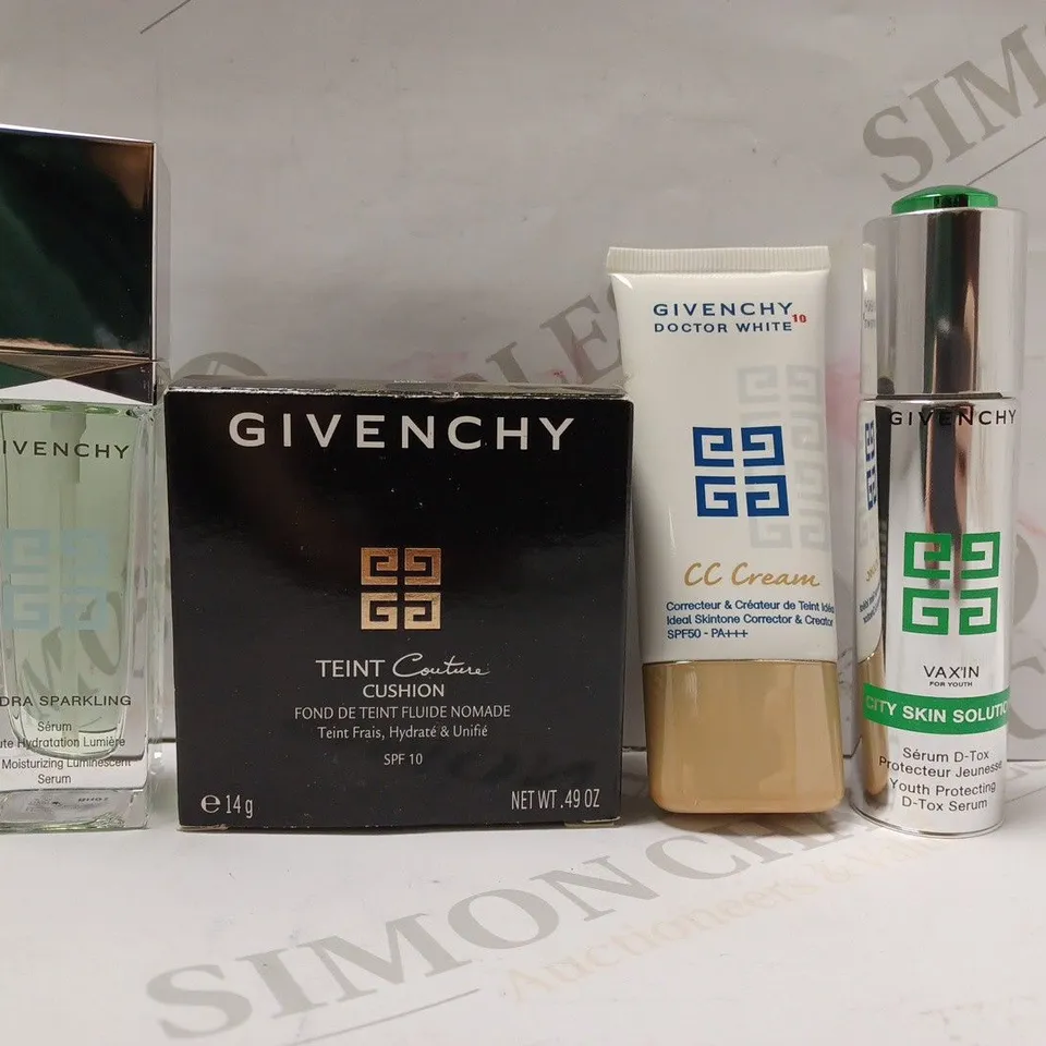 BOX OF APPROX 20 ASSORTED GIVENCHY PRODUCTS TO INCLUDE YOUTH D-TOX SERUM, DOCTOR WHITE10 CC CREAM, HIGH MOISTURIZING SERUM, ETC 