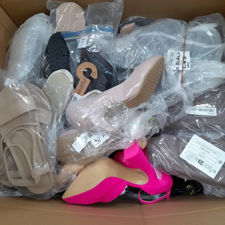 BOX OF APPROXIMATELY 30 ASSORTED PAIRS OF SHOES AND FOOTWEAR ITEMS IN VARIOUS COLOURS, STYLES, AND SIZES - COLLECTION ONLY