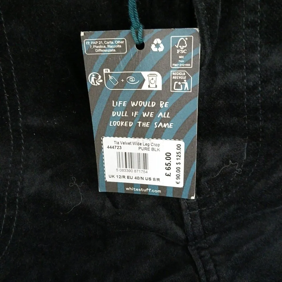 WHITE STUFF TIA VELVET WIDE LEG CROP TROUSERS – UK 12 – BLACK