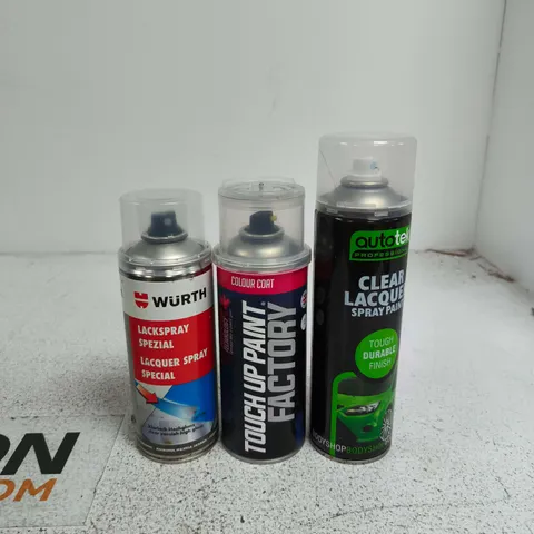 TOTE OF APPROXIMATELY 8 ASSORTED AEROSOL ITEMS TO INCLUDE CLEAR LACQUER SPRAY PAINT, TOUCH UP PAINT, WURTH ETC