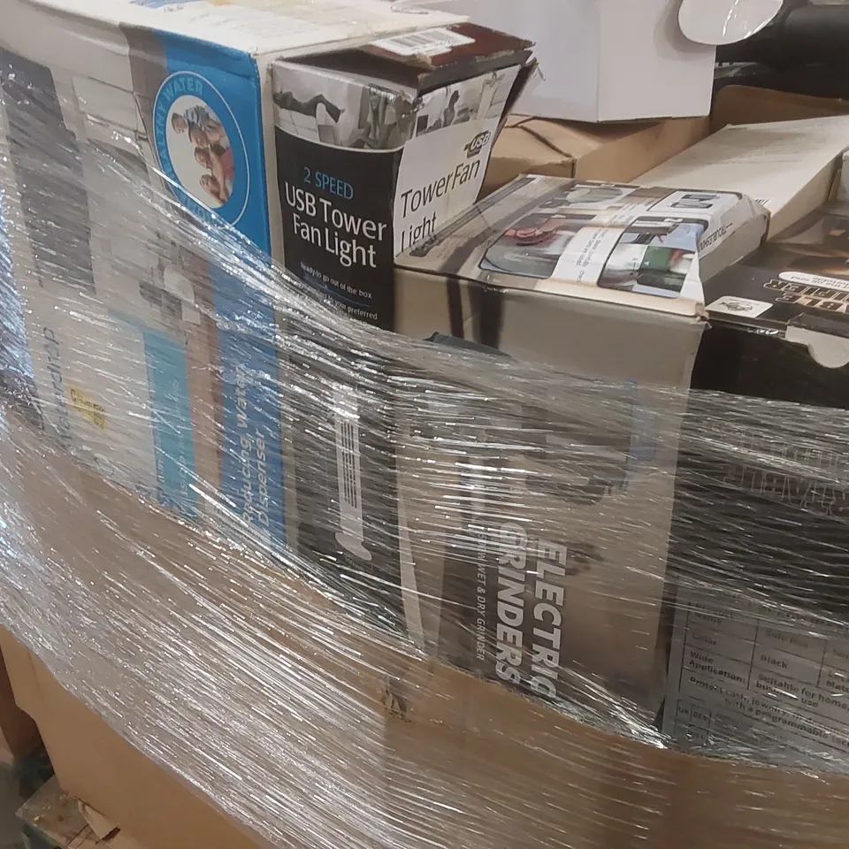 PALLET CONTAINING A VERY LARGE QUANTITY OF ASSORTED ITEMS INCLUDING: BOOM BOX, PORTABLE DEHUMIDIFIER, TOWER FAN LIGHT, WATER DISPENSER, NECK MASSAGER ECT