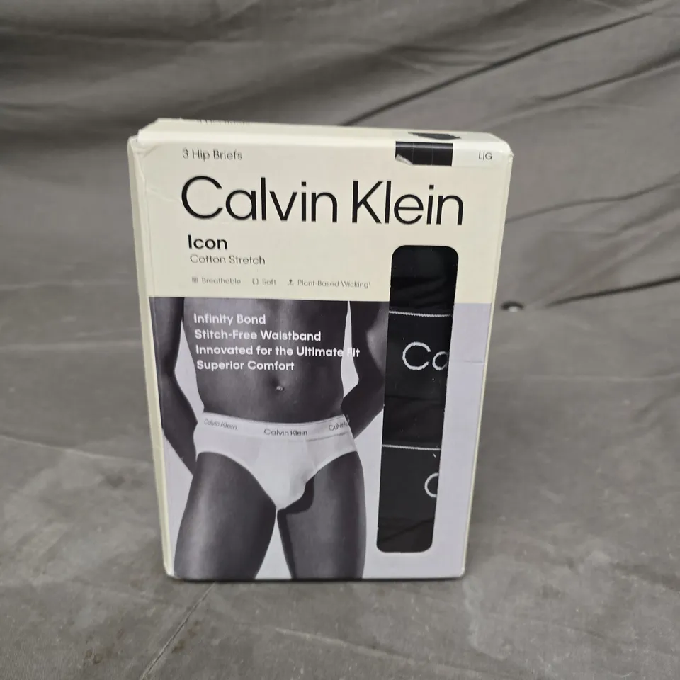 BOXED CALVIN KLEIN ICON COTTON STRETCH HIP BRIEFS 3 PACK - LARGE