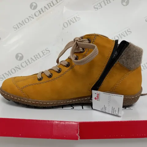 BOXED RIEKER LACE ANKLE BOOTS, YELLOW - SIZE 6
