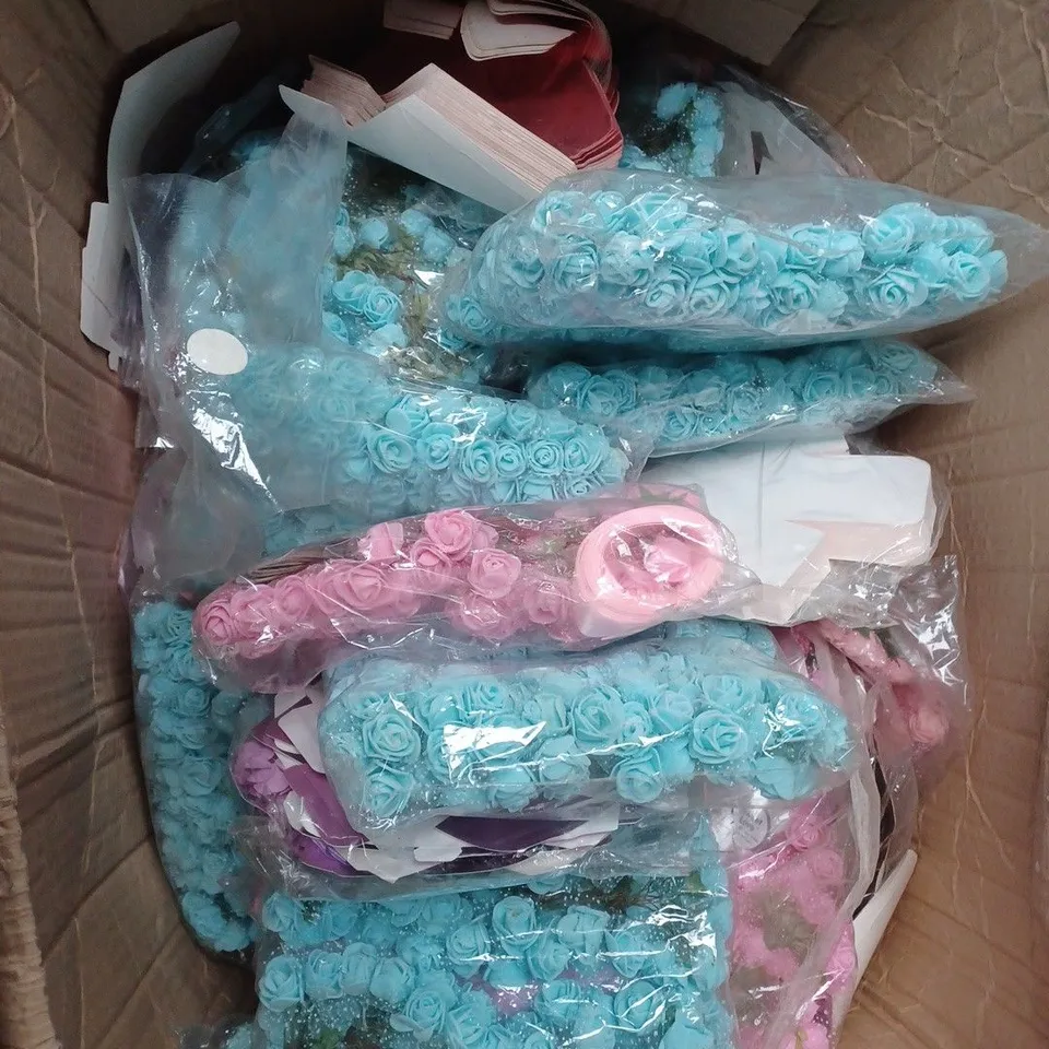 LARGE BOX OF ASSORTED WEDDING FAVOURS, RIBBONS AND FLOWERS
