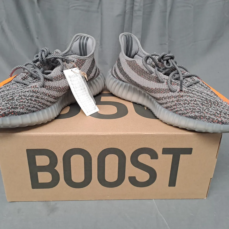 BOXED PAIR OF ADIDAS YEEZY BOOST 350 V2 SHOES IN GREY/ORANGE UK SIZE 13.5