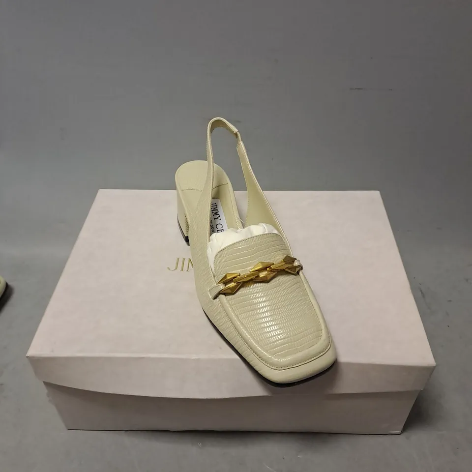 BOXED PAIR OF JIMMY CHOO DIAMOND TILDE BLOCK HEELS IN BAMBOO LIZARD PRINT LEATHER SIZE 36