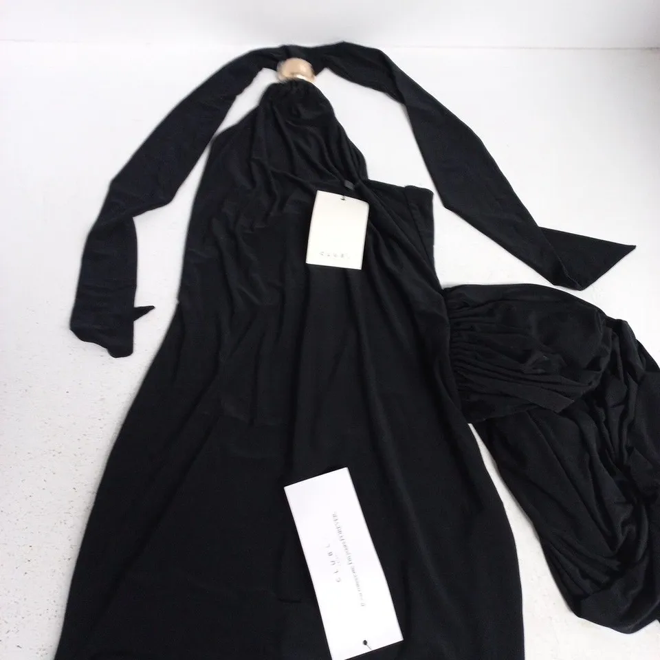CLUB OF LONDON BLACK HALTER NECK WRAPPED MINI DRESS - UK 10